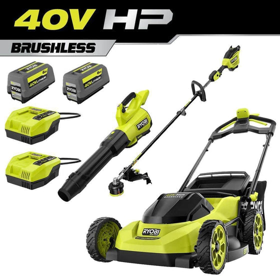 RYOBI 40V HP Brushless 20" Cordless Battery Walk Behind Self-Propelled Mower, w/ String Trimmer, Blower, Batteries & Chargers RY40HPLM07K-RY40HPCK202K